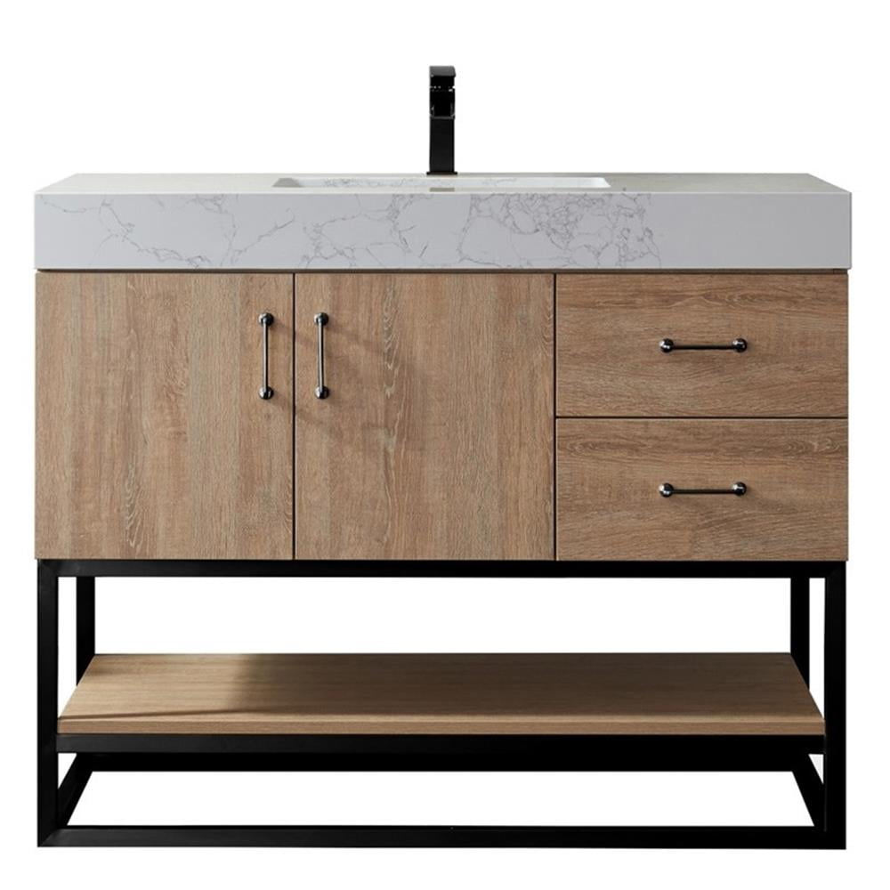 42 Inch Oak Single Vanity with White Stone Top and Matte Black Frame