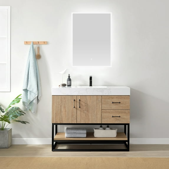 Vinnova Alistair 42" White Stone Top Oak Single Vanity Black Frame with Mirror