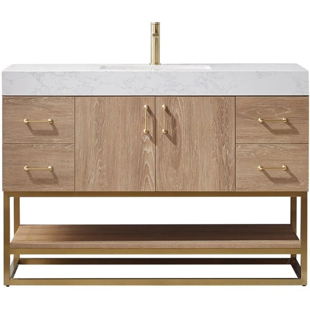48 Inch Oak Single Vanity with White Stone Top and Brushed Gold Trim