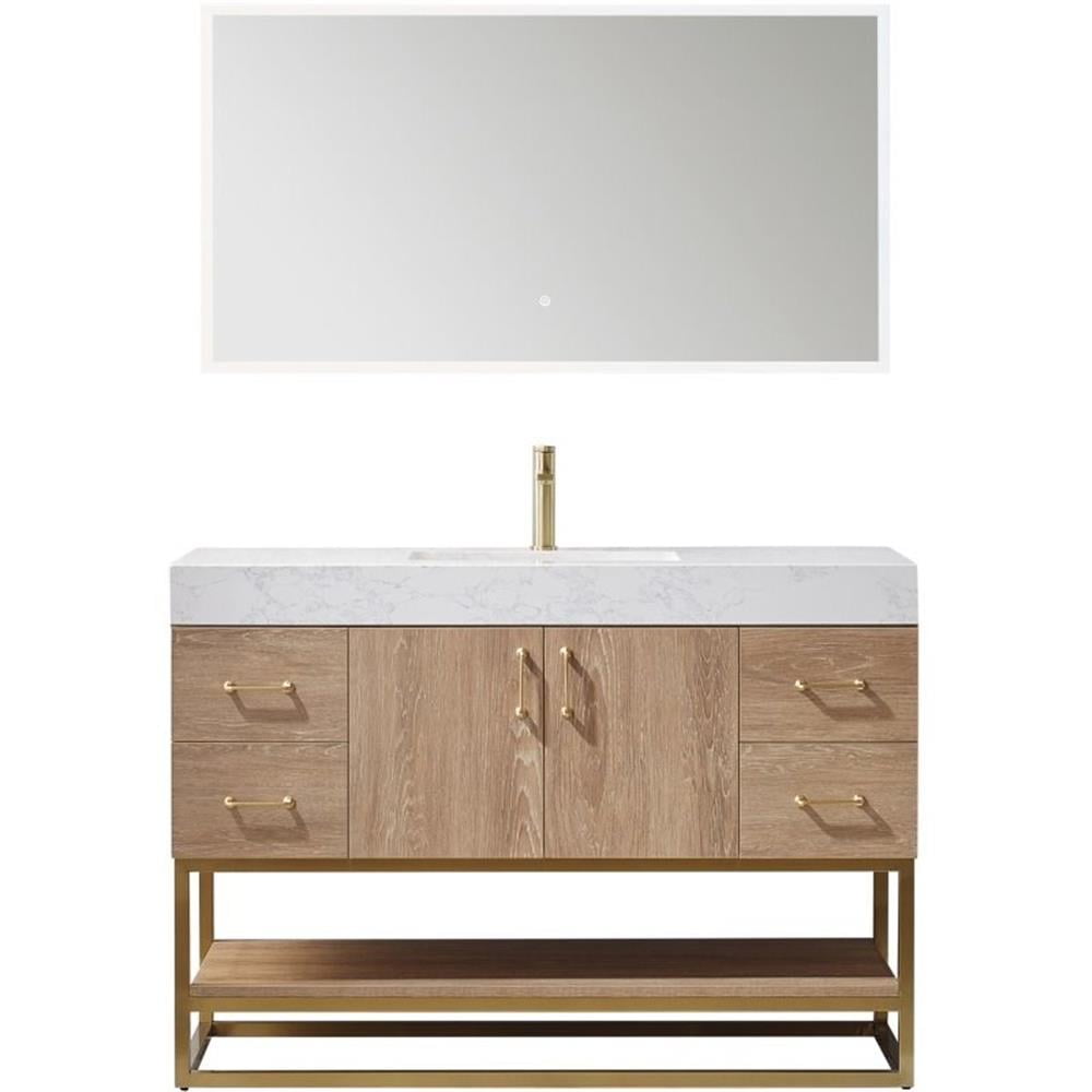 48 Inch Oak Vanity with White Stone Top and Mirror