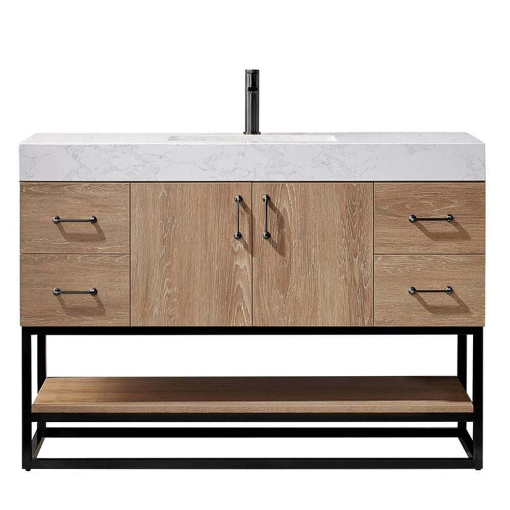 48 Inch Oak Single Vanity with White Stone Top and Matte Black Trim