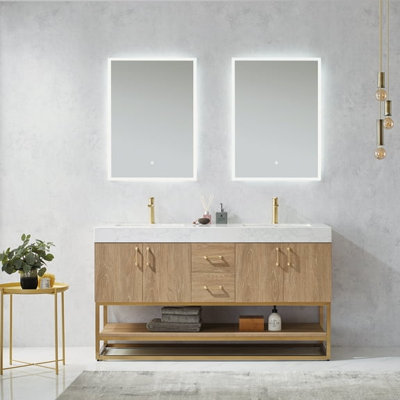 Vinnova Alistair 60" White Grain Stone Top Double Vanity with Mirror in Oak