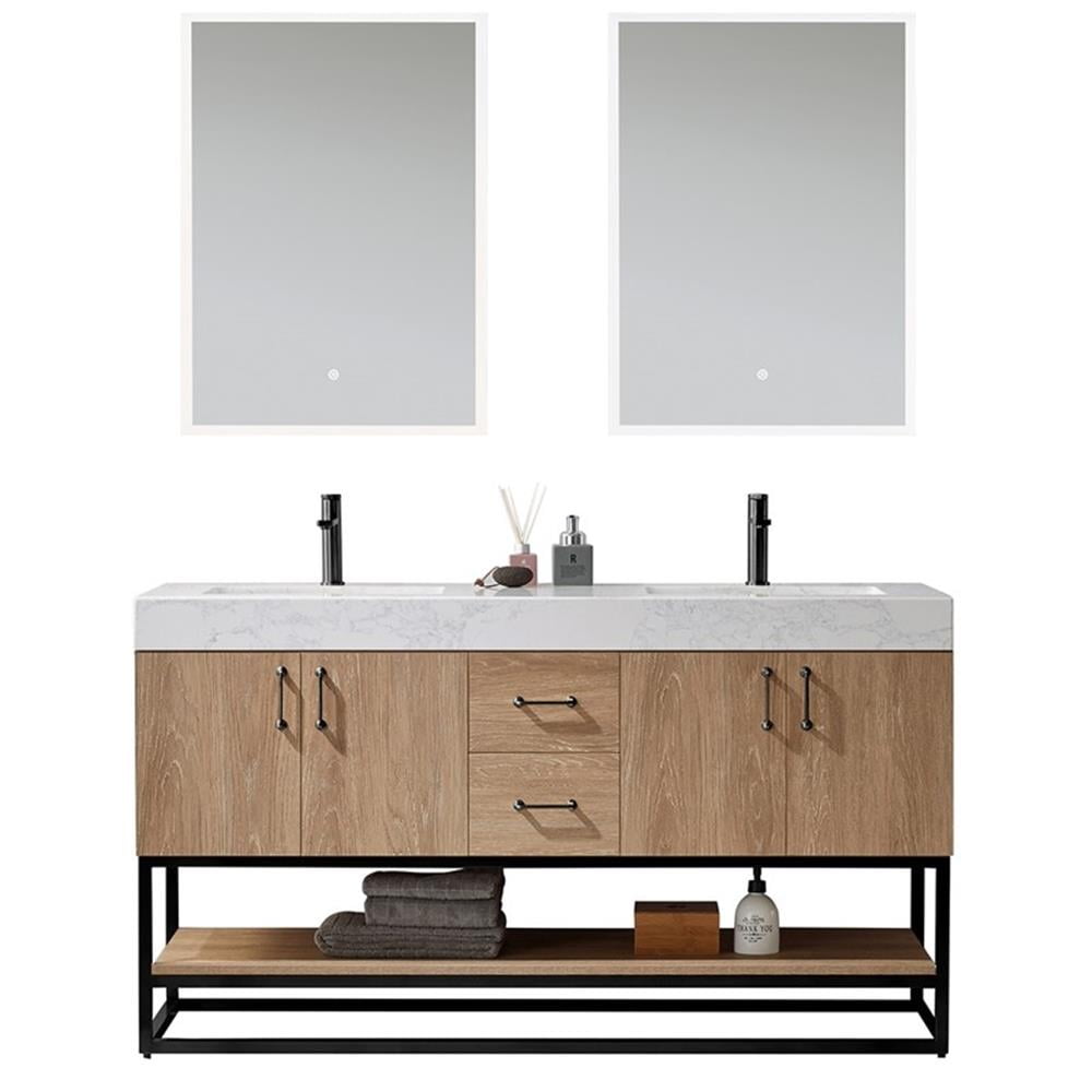 60-Inch Oak Double Vanity with White Stone Top and Matte Black Frame