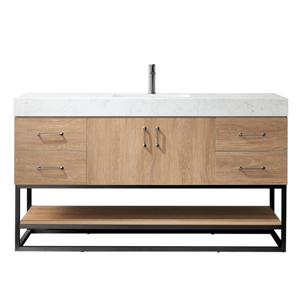 Alistair 60" Oak Vanity with White Stone Top and Black Frame