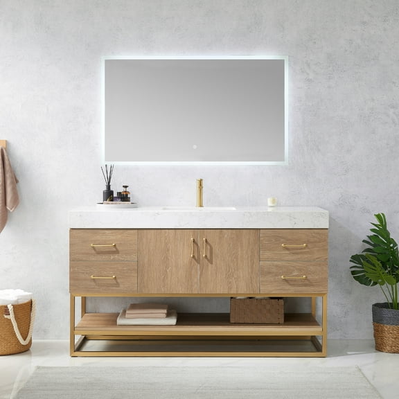 Vinnova Alistair 60" White Stone Top Oak Single Vanity Gold Frame w/o Mirror
