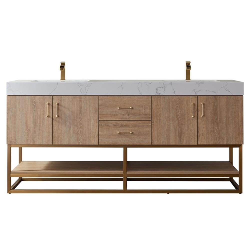 72-Inch Double Vanity with White Stone Countertop and Brushed Gold Trim