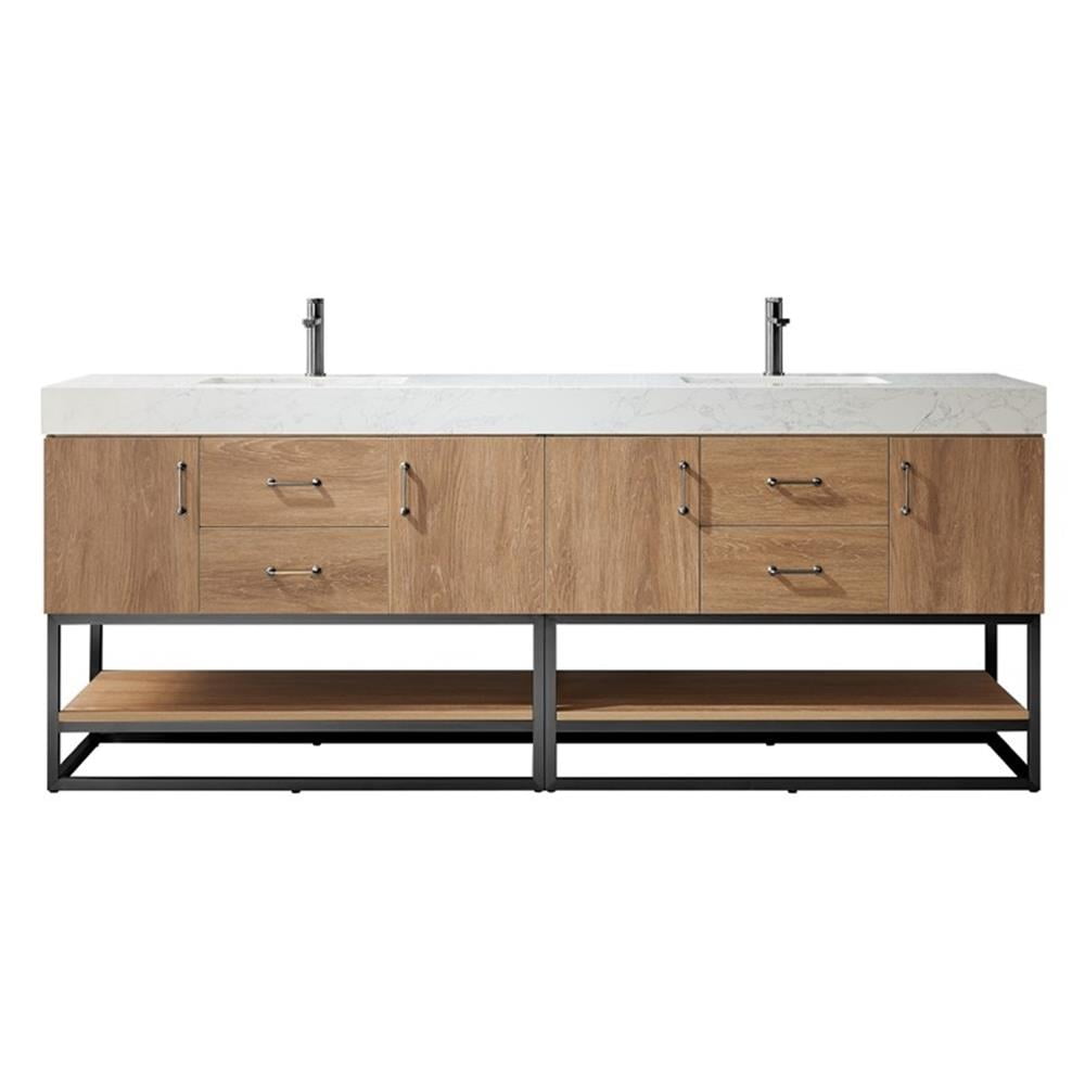 84 Inch Oak Double Vanity with White Stone Top and Matte Black Frame