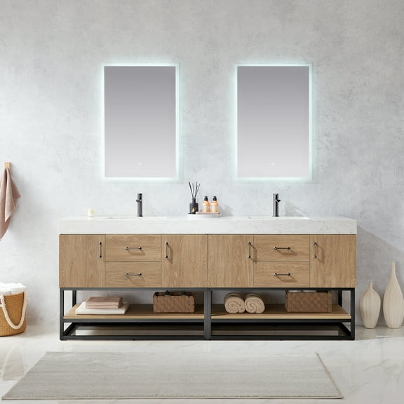 Vinnova Alistair 84" White Stone Top Oak Double Vanity Black Frame with Mirror