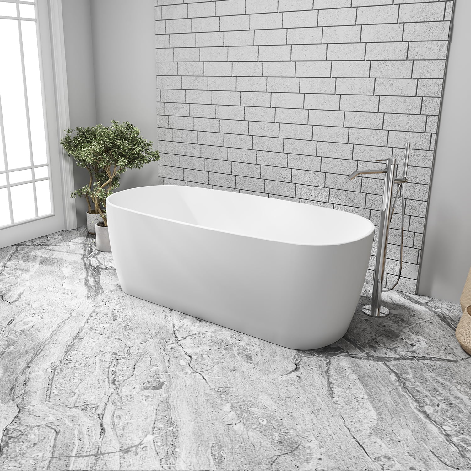 Azagra 67'' Matte White Oval Acrylic Freestanding Soaking Bathtub