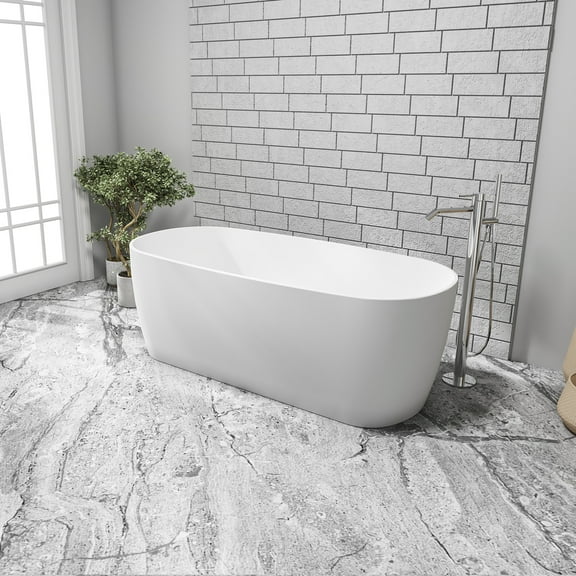 Vinnova Azagra 67" x 31.5" Oval Acrylic Freestanding Soaking Bathtub in Matte White