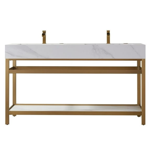 Vinnova Bilbao 60" White Stone Top Double Vanity Brushed Gold Frame w/o Mirror