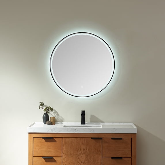 Vinnova Campobasso 32" Round LED Wall Mount Bathroom Vanity Mirror Black Frame