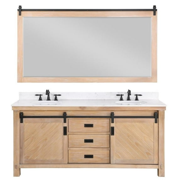 Vinnova Cortes 72" White Composite Stone Top Double Vanity Pine Brown w/ Mirror
