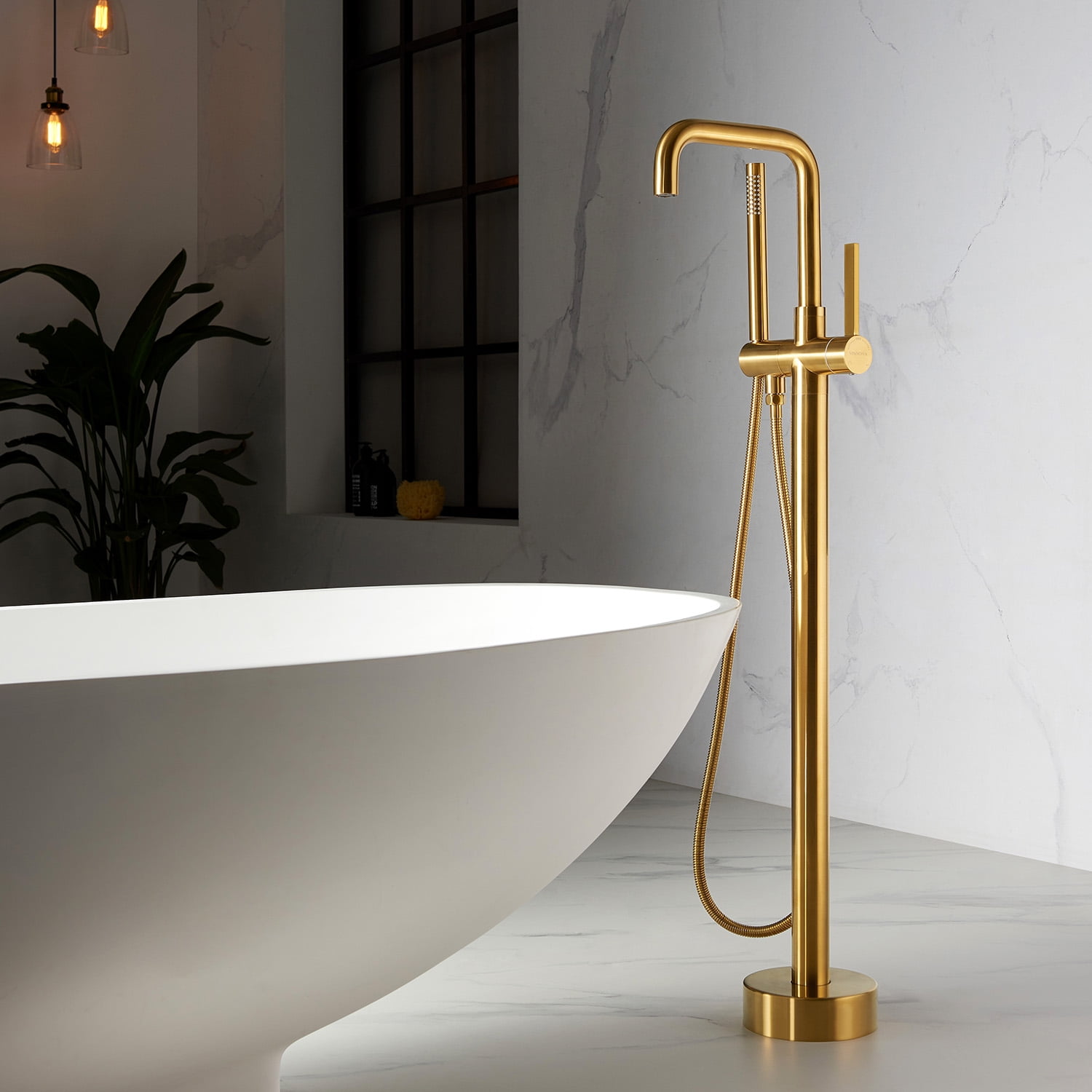 Vinnova Delara Freestanding Bathroom Chrome Tub Faucet with Hand Shower in Brushed Gold