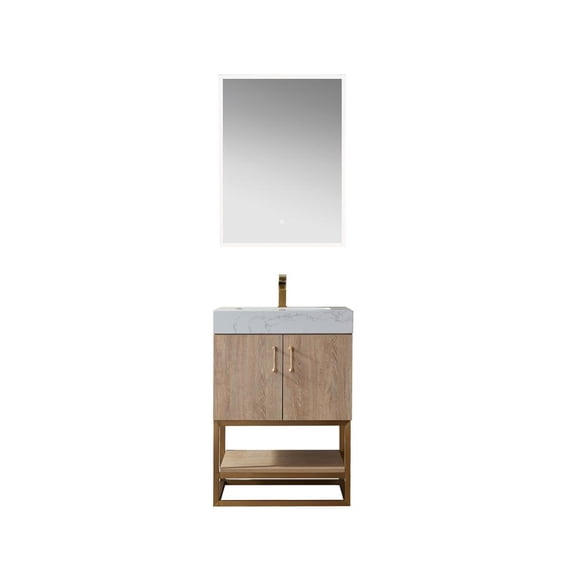 Vinnova Alistair 24" White Grain Stone Top with Mirror in North American Oak