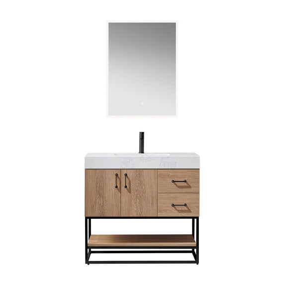 Vinnova Alistair 36" White Stone Top Oak Single Vanity Black Frame with Mirror