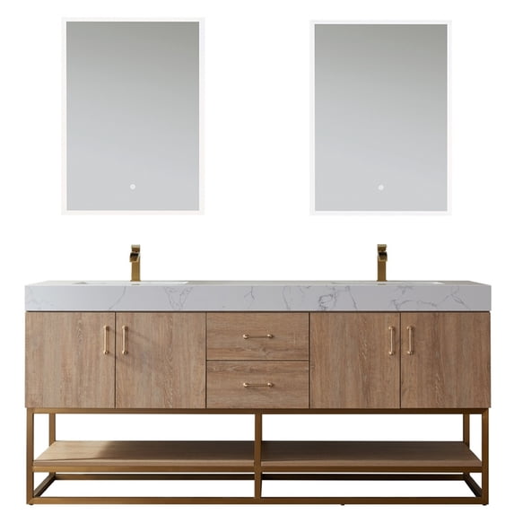 Vinnova Alistair 72" White Grain Stone Top with Mirror in North American Oak