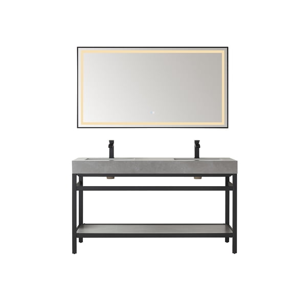 Funes 60" Double Sink Bathroom Vanity in Matte Black Frame Gray Top w/ Mirror