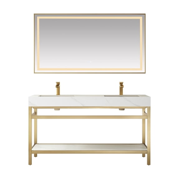 Funes 60" Double Sink Bathroom Vanity in Brushed Gold Frame White Top w/ Mirror