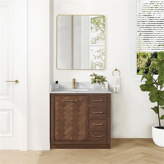 Jakarta 36" Bath Vanity in Aged Dark Brown Oak with Silk White Quartz Stone Top