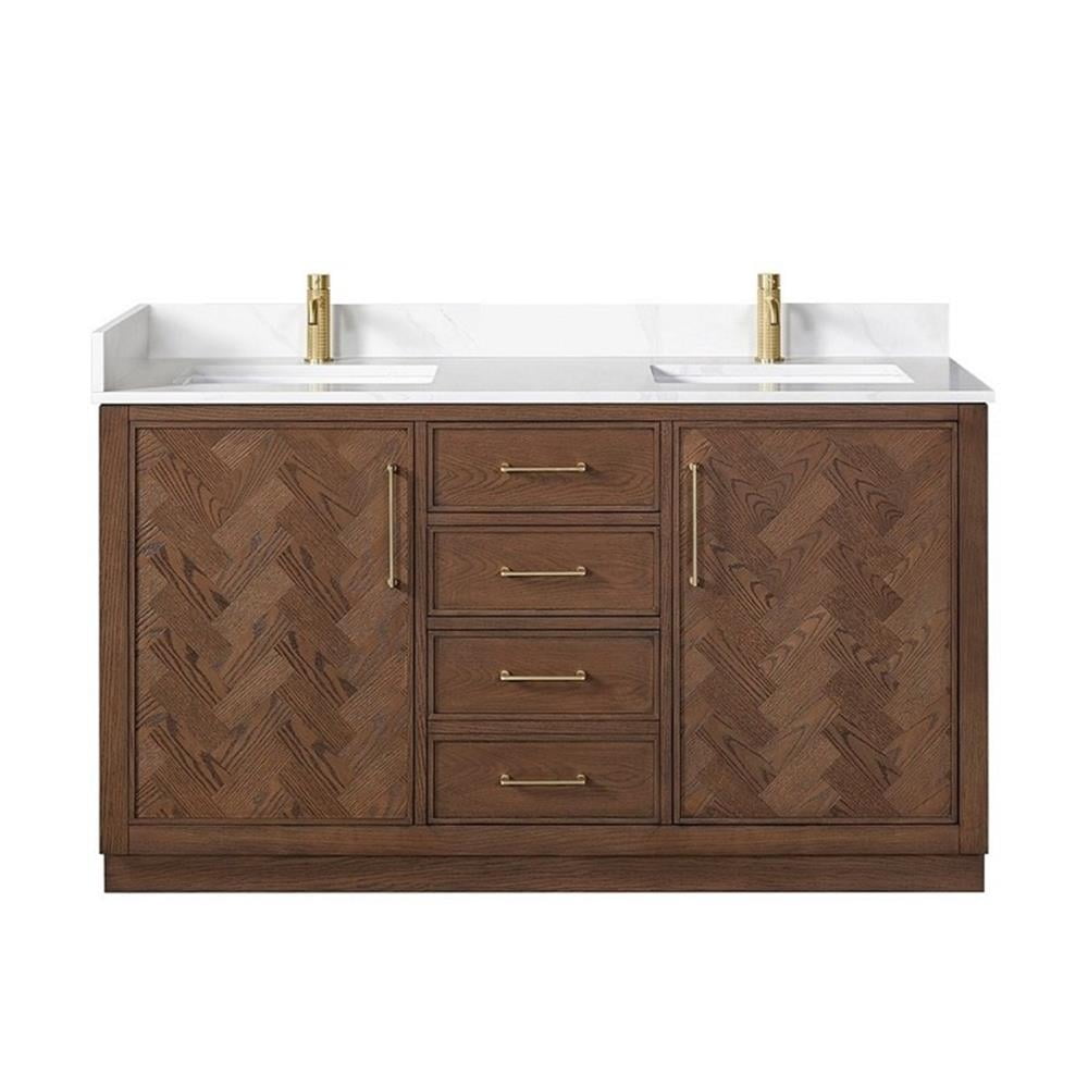 Jakarta 60" Aged Dark Brown Oak Double Vanity with White Quartz Top