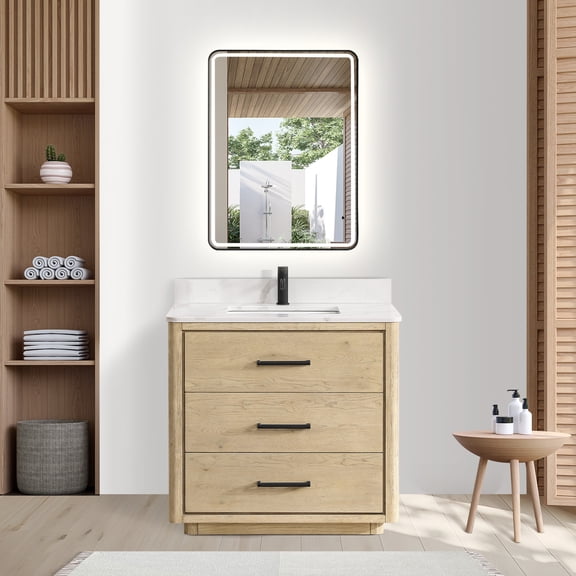 Porto 36" Aged Natural Oak Single Bath Vanity with Fish Maw White Quartz Stone