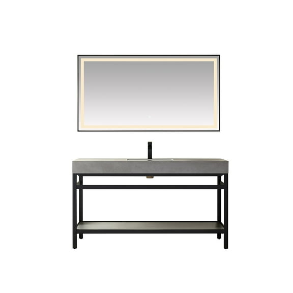 Vinnova Design Single Sink Bath Vanity Metal Support with Grey Sintered Stone Top and Mirror