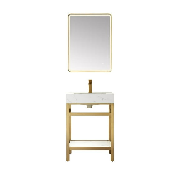 Vinnova Design Single Sink Bath Vanity Metal Support with White Sintered Stone Top and Mirror