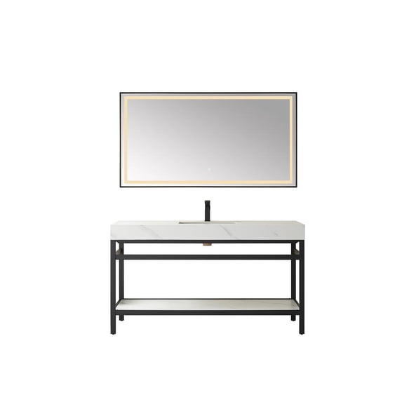 Vinnova Funes 60" Single Sink Bathroom Vanity in Matte Black Frame White Top with Mirror