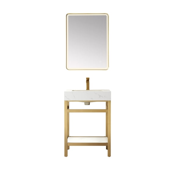 Funes 24" Single Sink Bathroom Vanity in Brushed Gold Frame White Top w/ Mirror