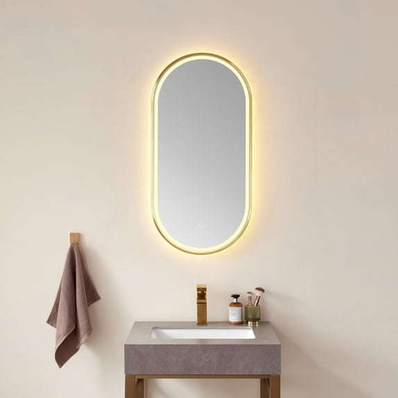 Vinnova Grande 18" Oval LED Lighted Bathroom Vanity Wall Mirror Gold Aluminum Frame