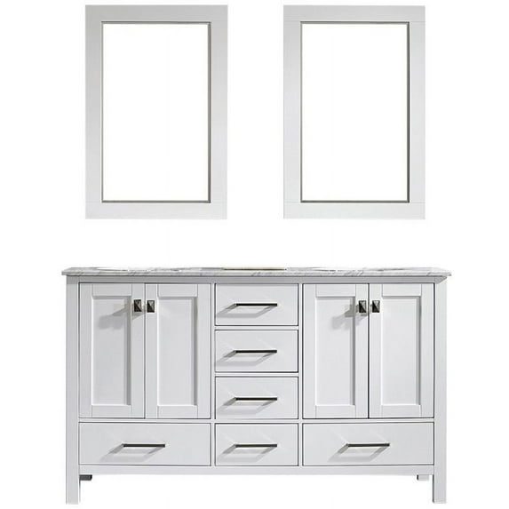 Vinnova Gela 60" Double Bathroom Vanity in White with Carrara White Marble Countertop and Mirrors
