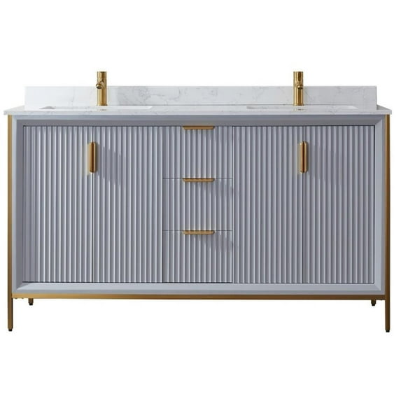 Vinnova Granada 60" White Faux Stone Top Double Vanity in Paris Gray No Mirror