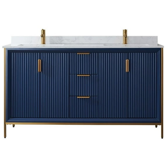 Vinnova Granada 60" White Faux Stone Top Double Vanity in Royal Blue No Mirror