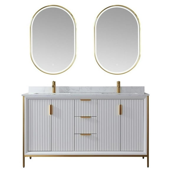 Vinnova Granada 60" White Faux Stone Top Double Vanity in White w/ Mirror