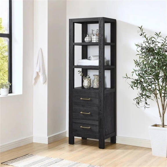 Leon 72"H Solid Wood Bath Linen Storage Cabinet in Fir Wood Black