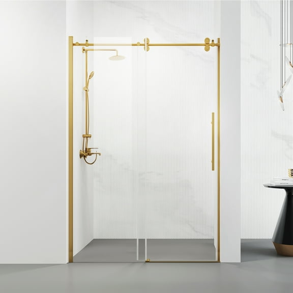 Vinnova Massa 48" W x 76" H Single Sliding Frameless Glass Shower Door in Brushed Gold