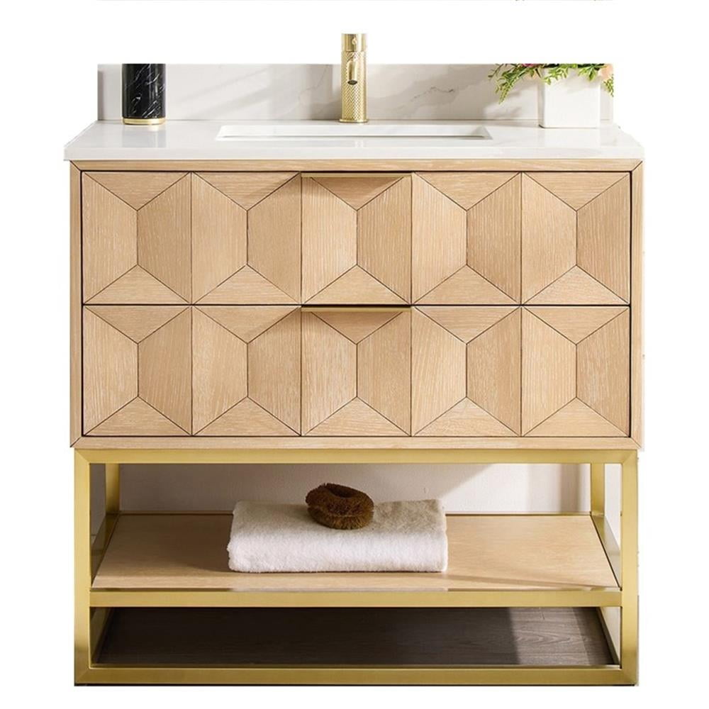 Milagro 36" Washed Ash and Gold Wood Bath Vanity with Quartz Top