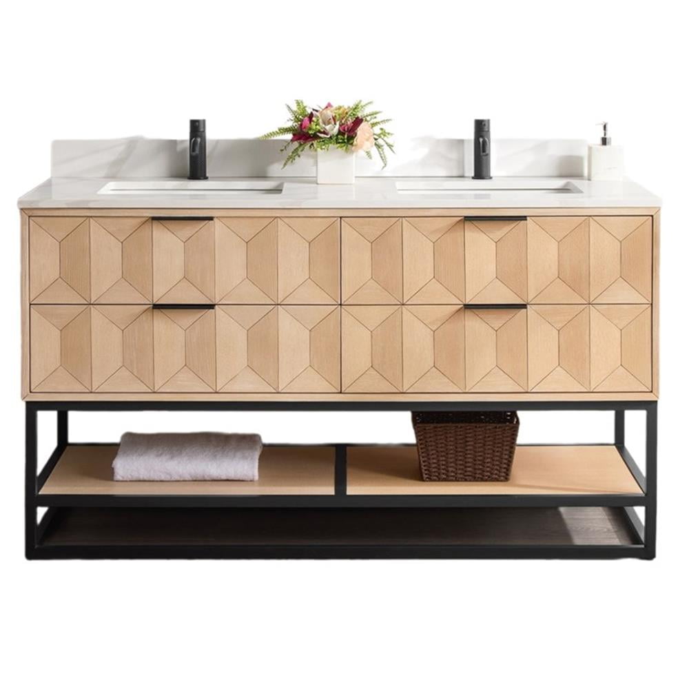 Vinnova Milagro 60" Double Wood Bath Vanity with Fish Maw Quartz in Ash/Black