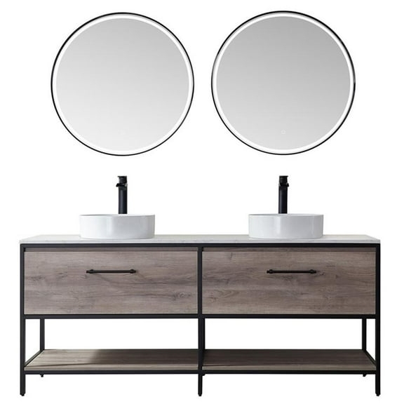 Vinnova Murica 72" White Top and Vessel Sink Double Vanity Mexican Oak w/ Mirror