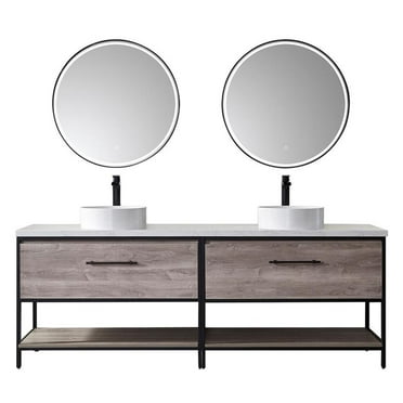 Vinnova Murica 84" White Top and Vessel Sink Double Vanity Mexican Oak w/ Mirror