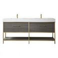 thumbnail image 1 of Vinnova Palma 72" White Stone Top Double Vanity Oak Wood Gold Metal Frame, 1 of 9