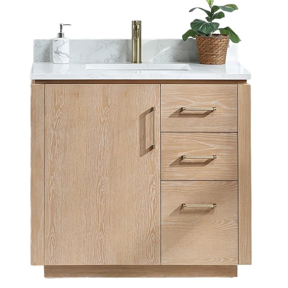 Ash Wood Single Sink Vanity with White Ceramic Top