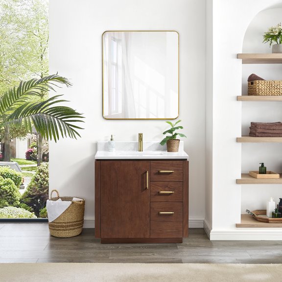 Vinnova San 36" Single Sink Wood Bath Vanity with Grain Stone in Natural Walnut
