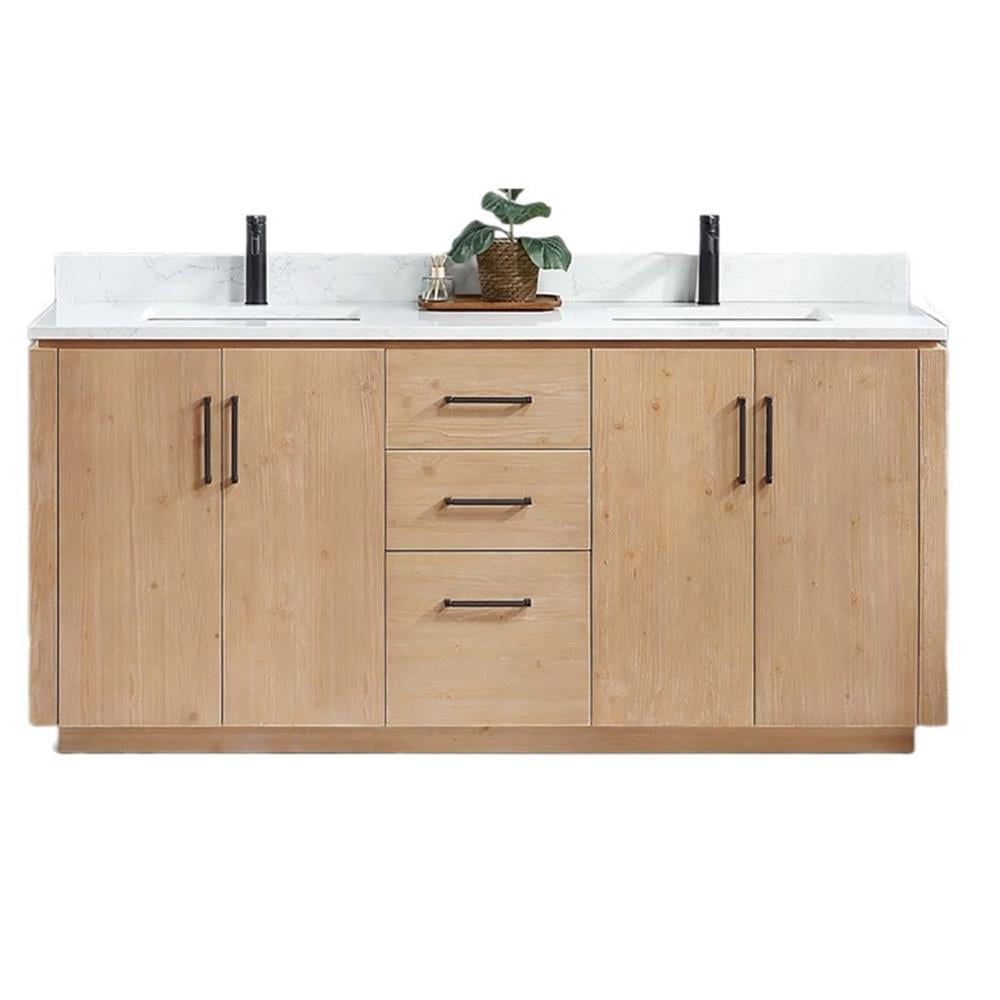 San 72'' Light Brown Wood Double Sink Vanity with White Ceramic Countertop