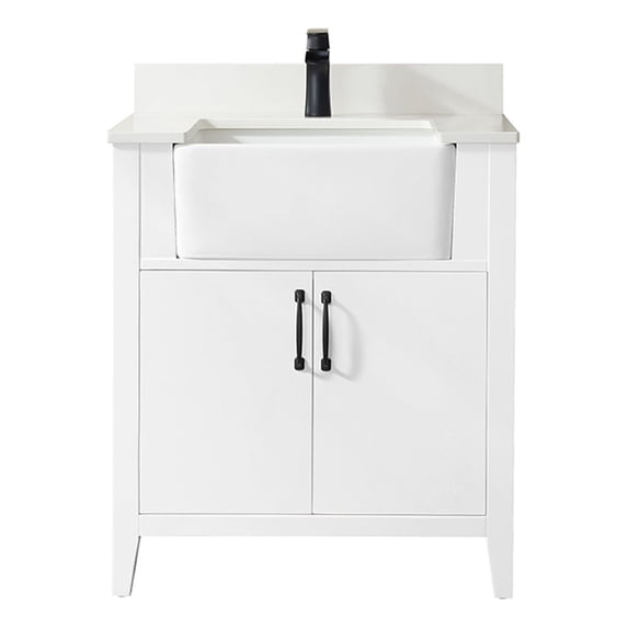 Vinnova Sevilla 30" White Faux Stone Top Single Sink Bathroom Vanity in White No Mirror