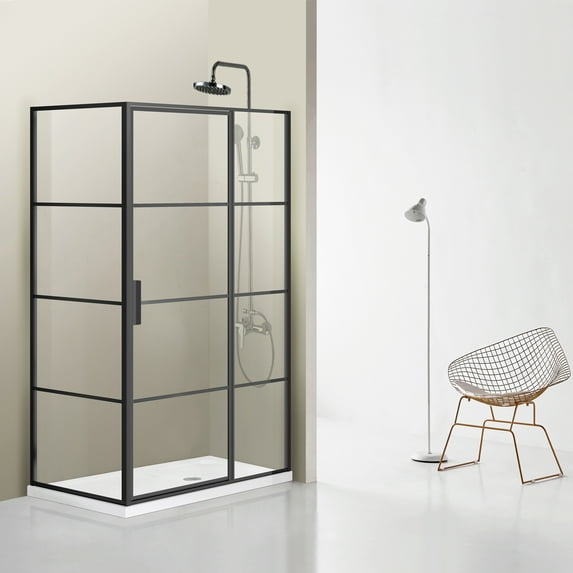 Vinnova Sondrio 48" W x 76" H Rectangle Pivot Glass Shower Enclosure in Matte Black