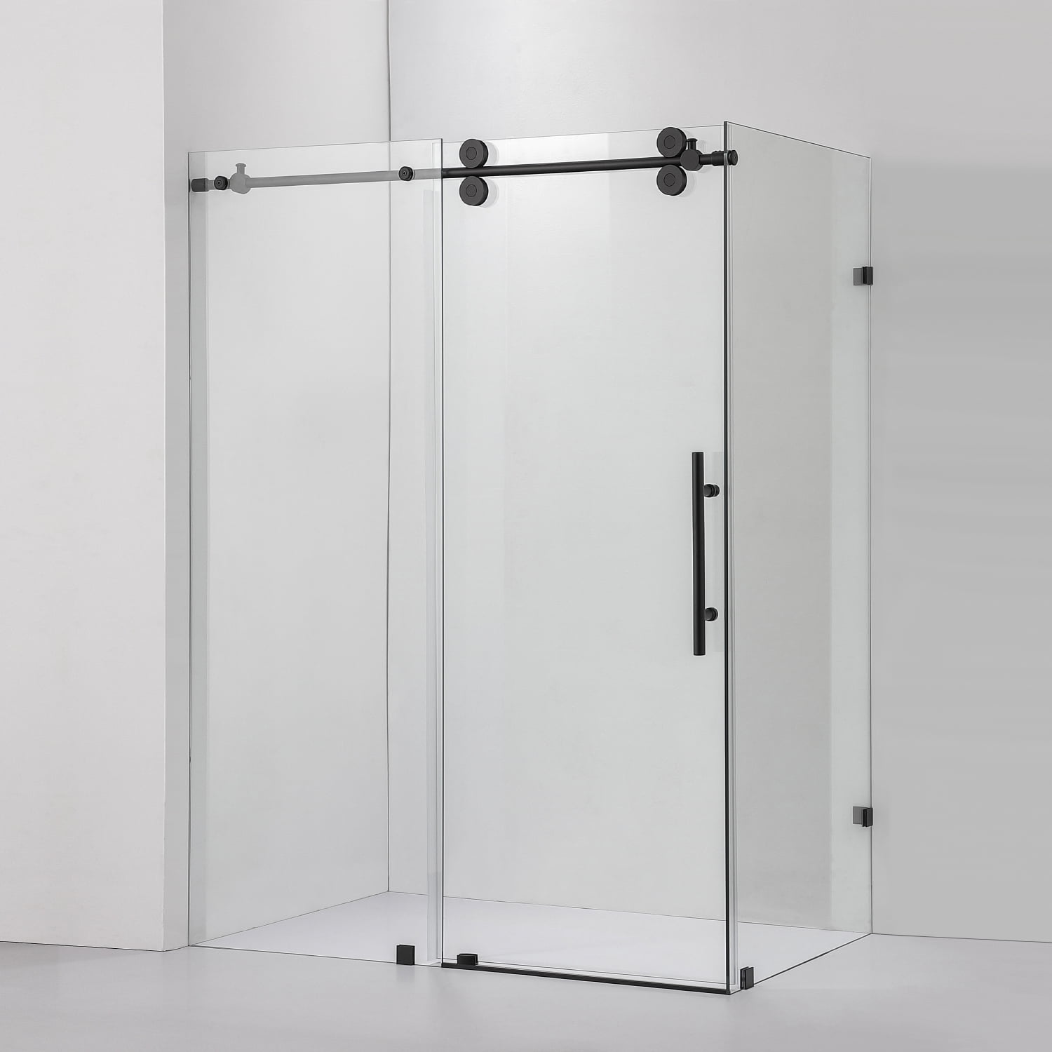 Vinnova Villena 52" W x 78" H Single Sliding Frameless Glass Shower Enclosure Black
