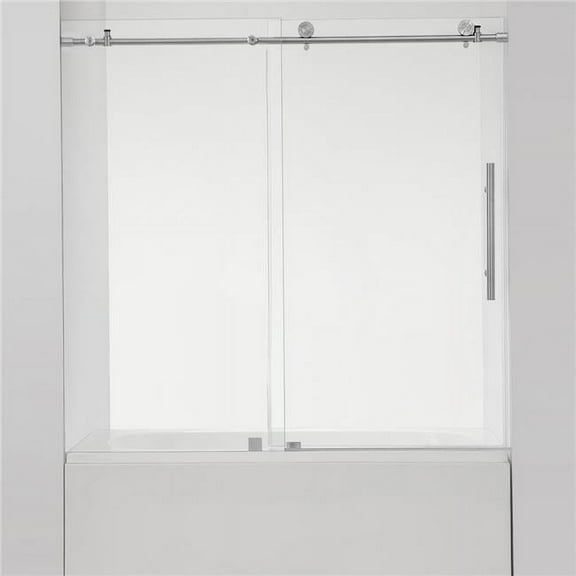 Vinnova Villena 60" W x 58" H Single Sliding Frameless Glass Tub Door in Brushed Nickel