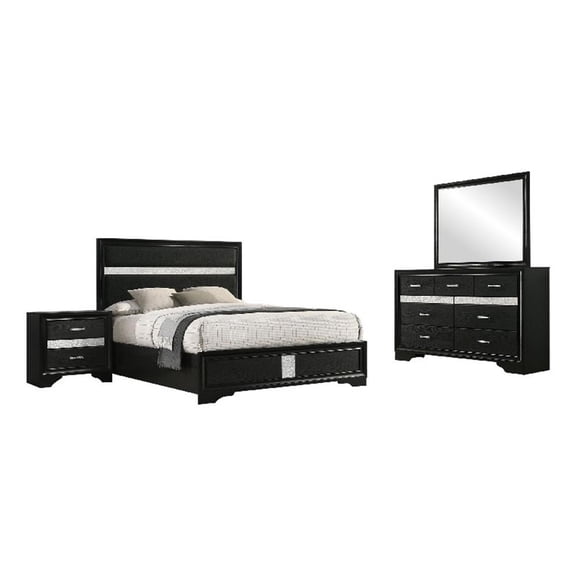 Vino Black 4 Piece Queen Bed Set with Dressers-Mirror-Glitter Accent